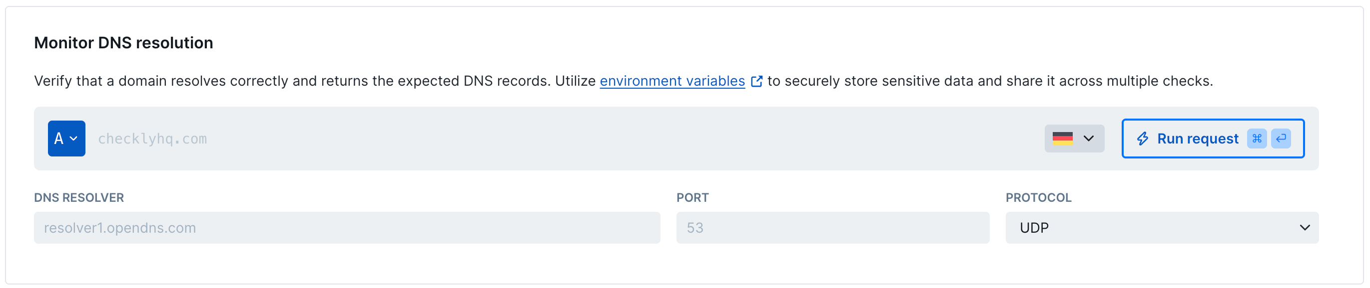 DNS monitor setup interface showing domain, record type, dns server and protocol