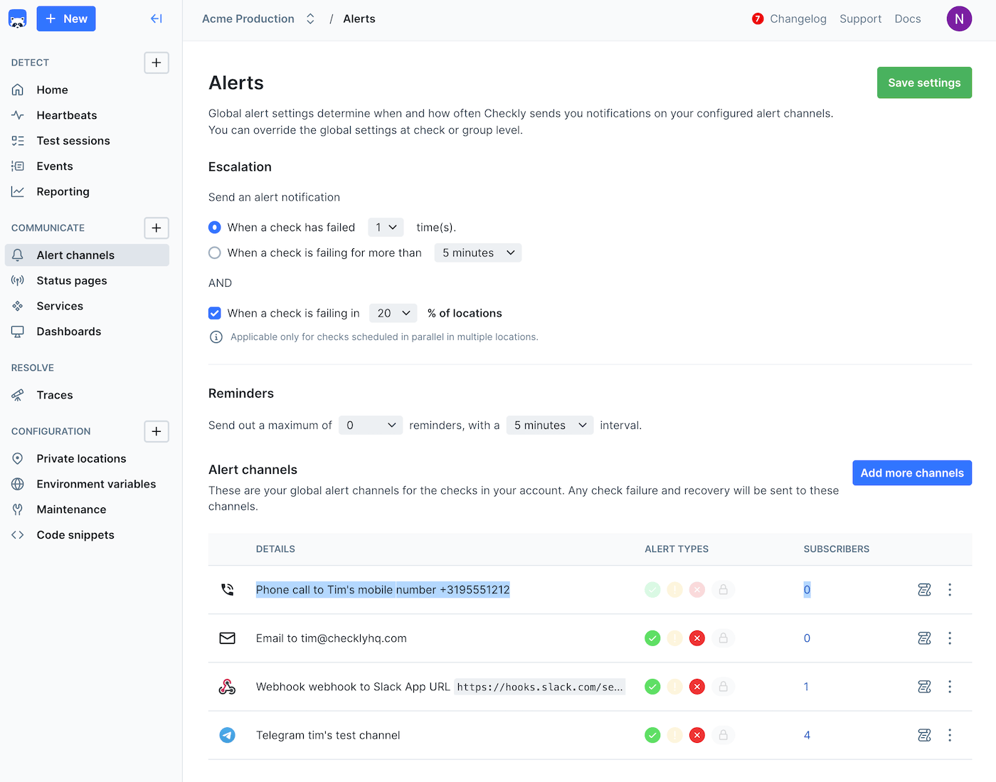 Account-level alert settings