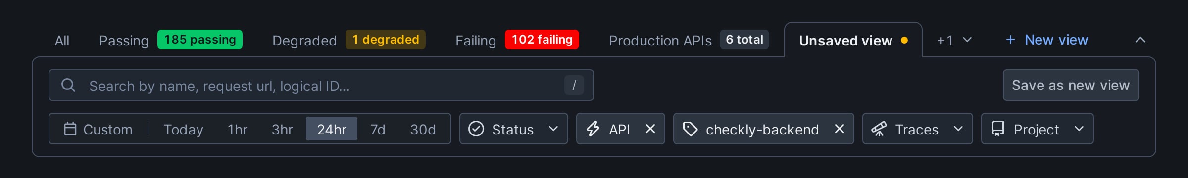 An Unsaved view tab next to All, with the Save as new view button next to the filters