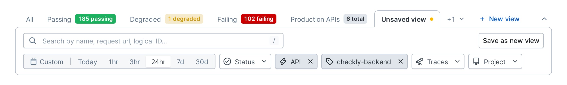 An Unsaved view tab next to All, with the Save as new view button next to the filters
