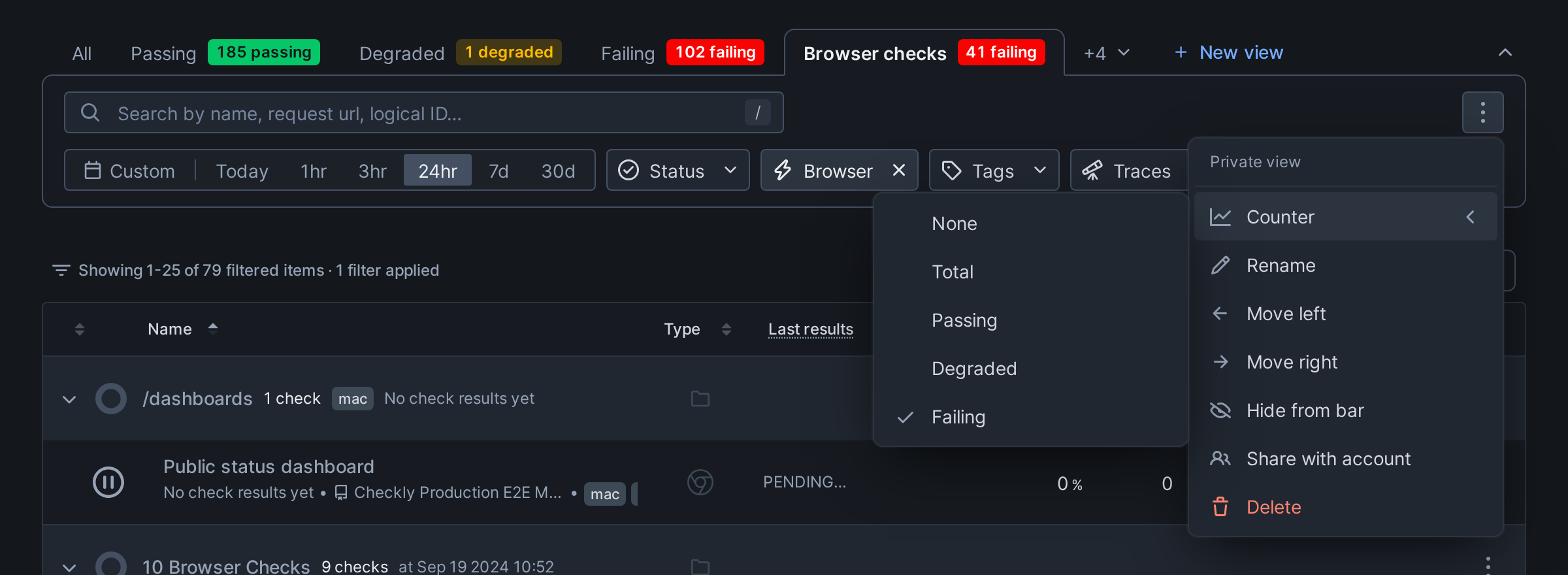 The View options menu of a private view, with the Counter submenu open and Failing selected