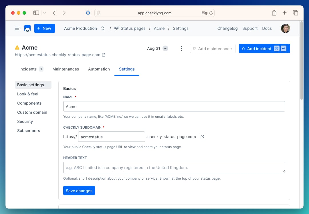 Status page editor