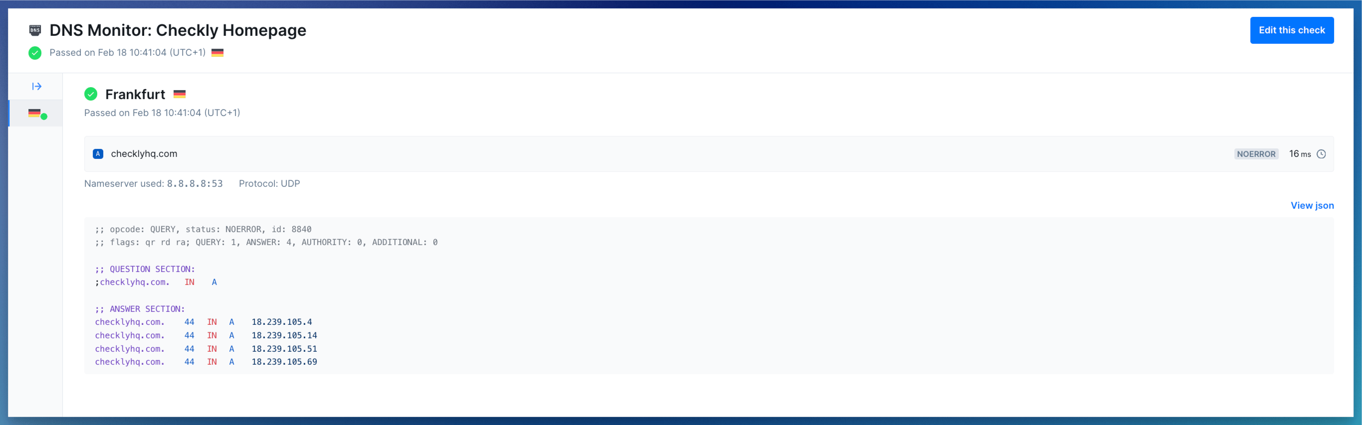 DNS monitor results page