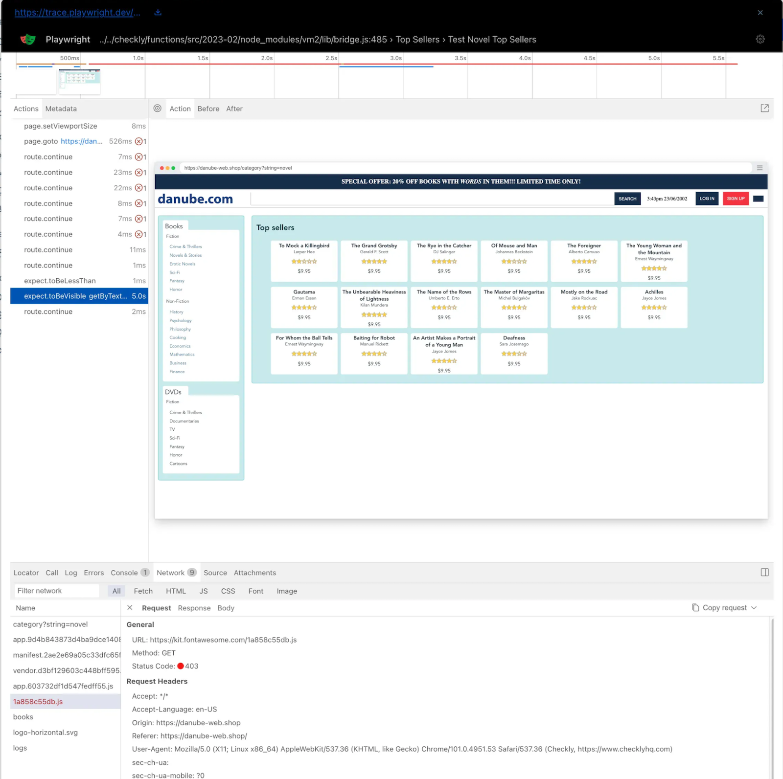 When your browser check fails, Checkly stores a Playwright trace to offer in-depth, moment-by-moment reviews of what the browser saw as it tried to load the page.