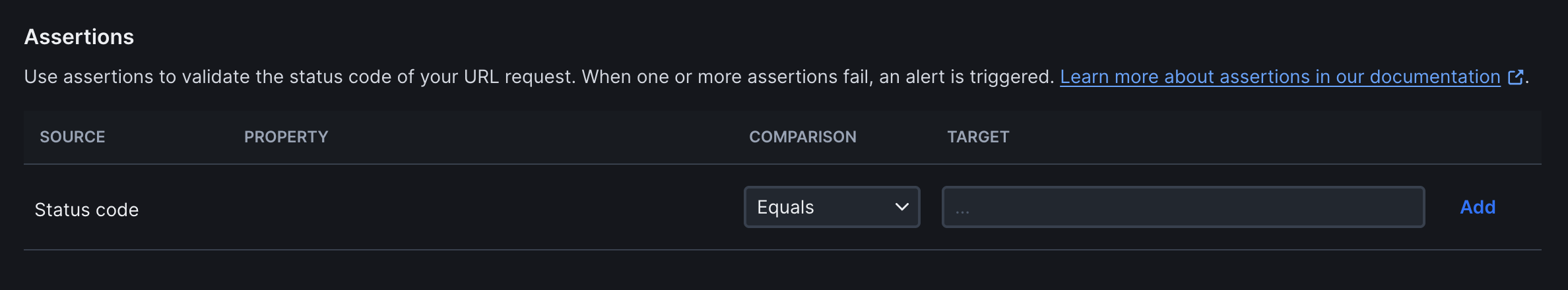 URL monitor assertions interface showing status code configuration