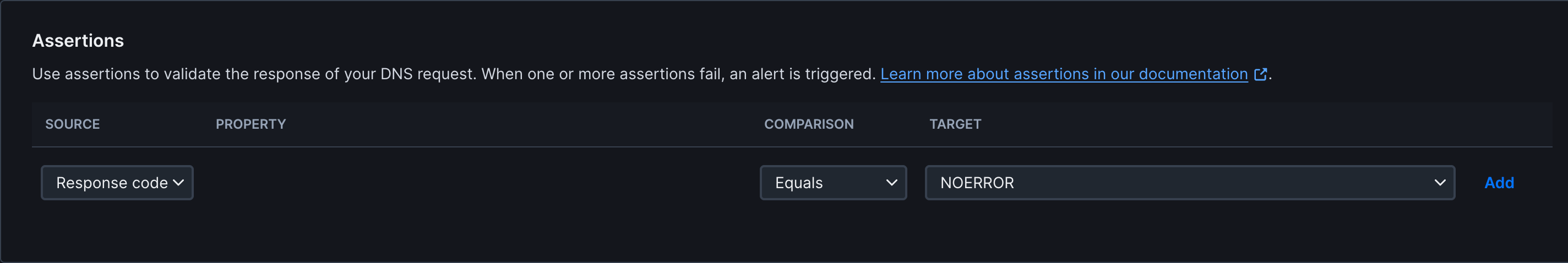 DNS monitor assertions and corresponding data fields