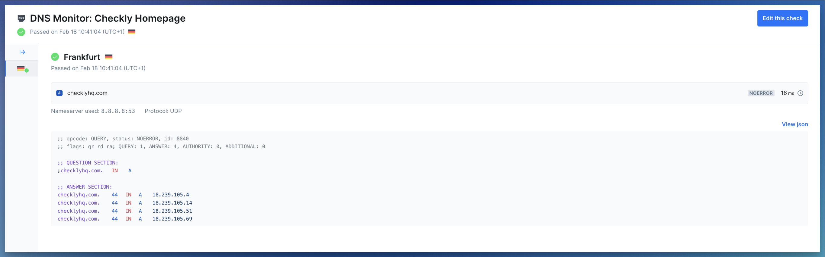 DNS monitor results page