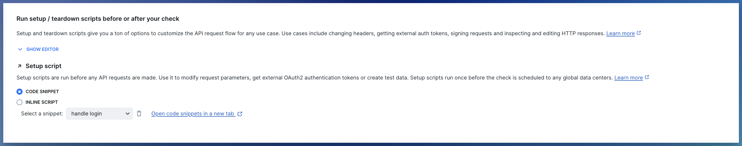 setup and teardown script for http requests with snippets
