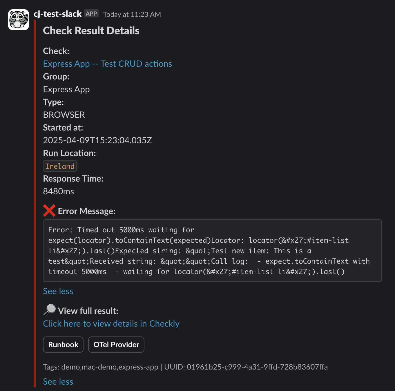A customized slack message showing a failed alert