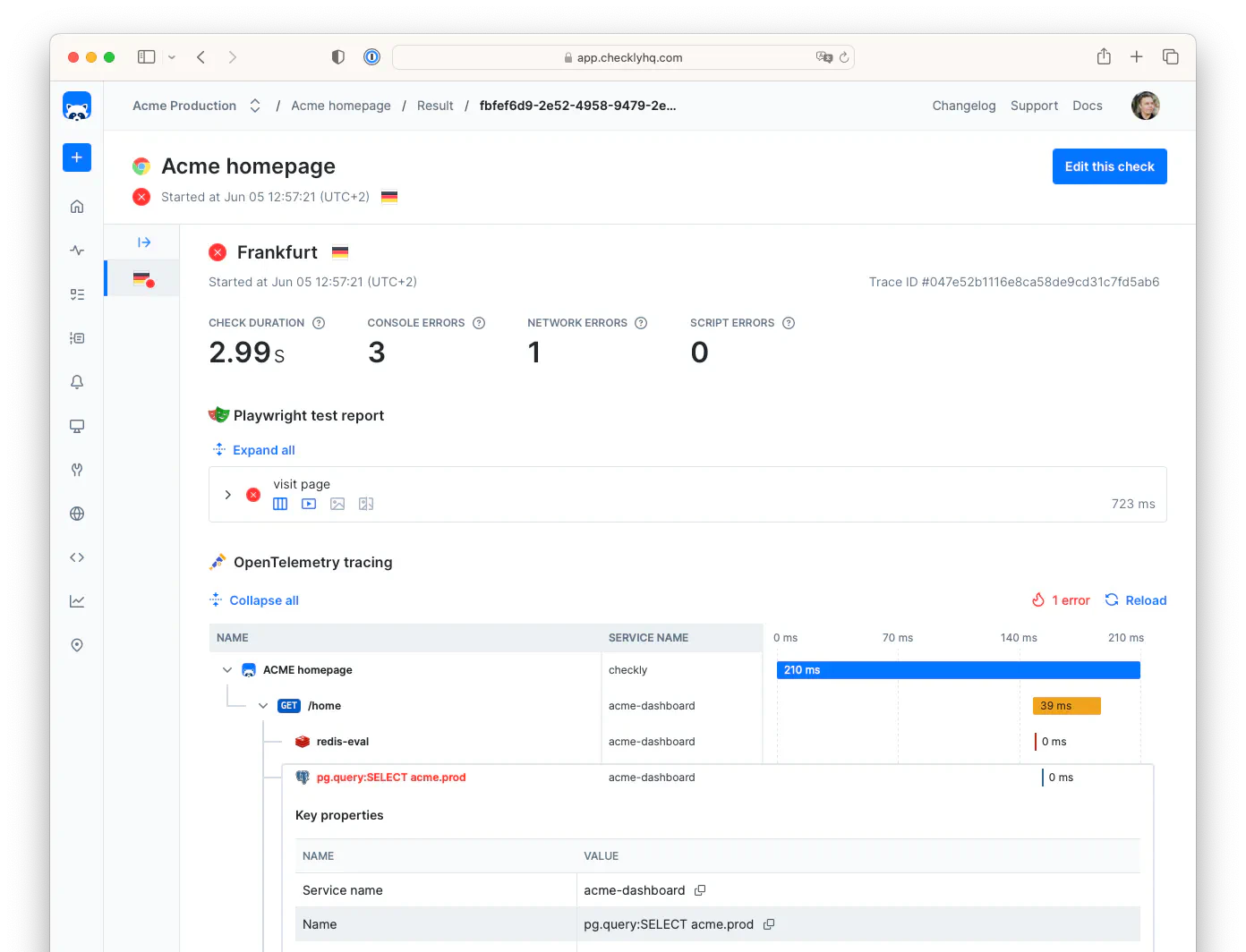 When your browser check fails, Checkly stores a Playwright trace to offer in-depth, moment-by-moment reviews of what the browser saw as it tried to load the page.