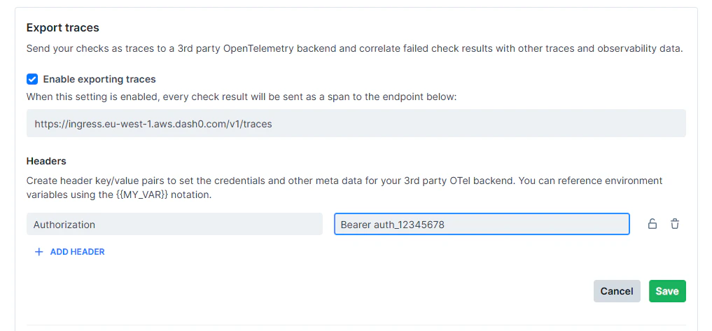 Fill in the values into Checkly