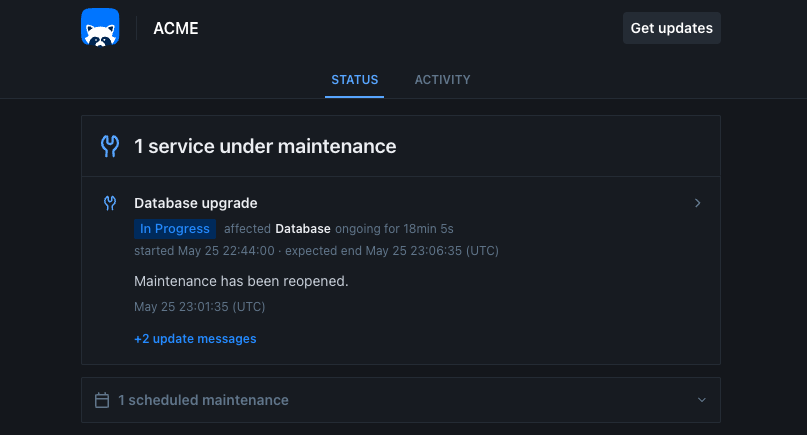 Maintenance on a public status page, showing the active banner and the upcoming maintenance section