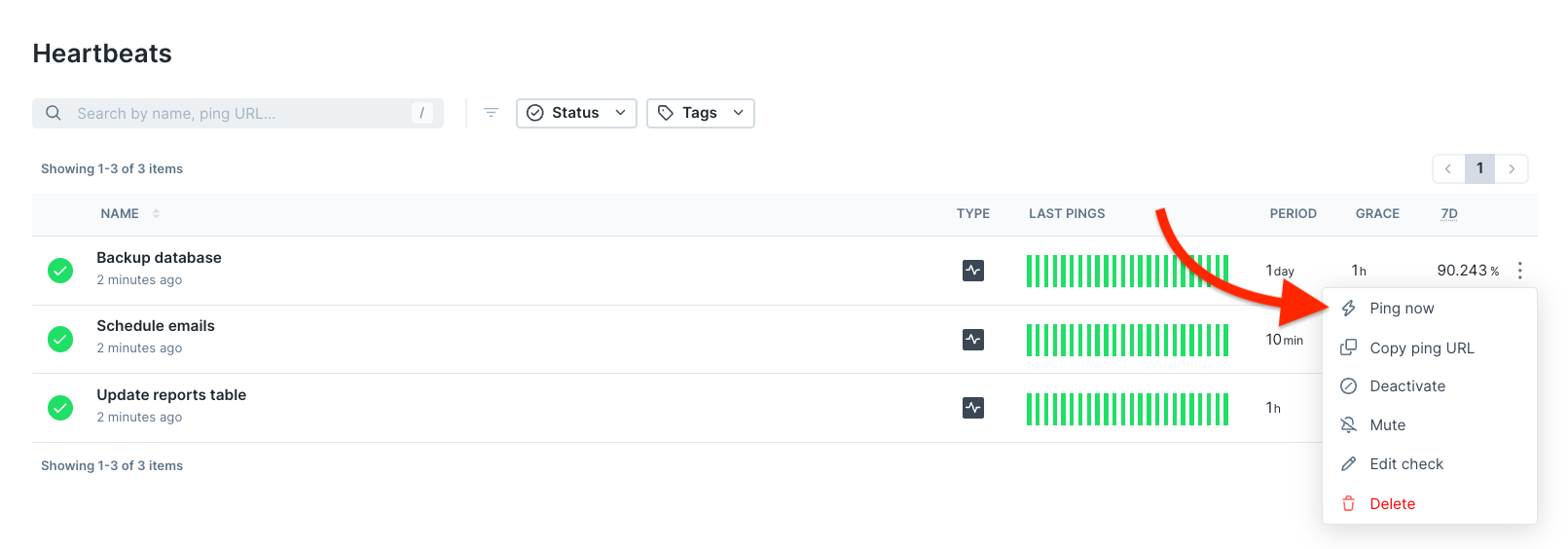 Quick ping option in the heartbeat monitors list view