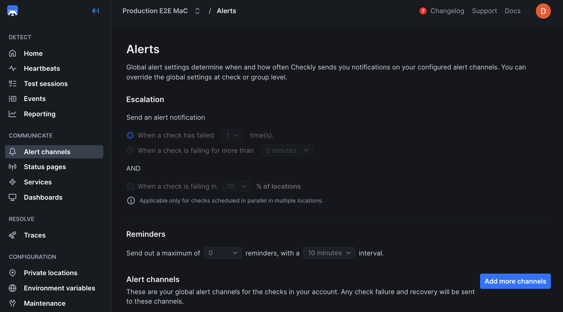 Checkly alerting dashboard overview