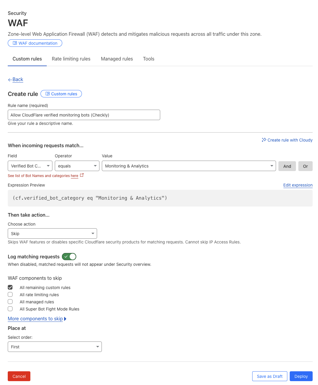 CloudFlare verified bot WAF rule