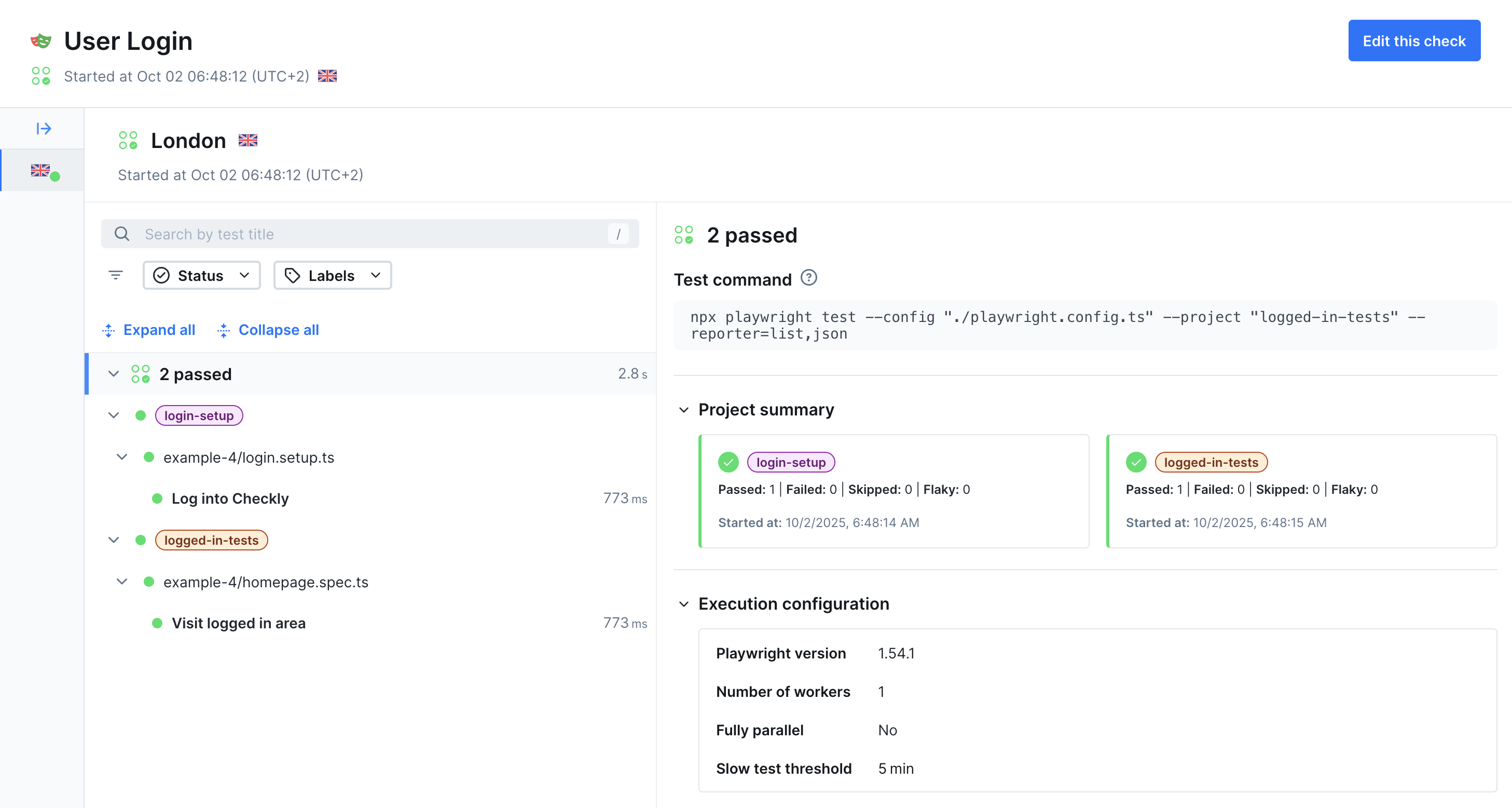 Playwright Check Suites test result