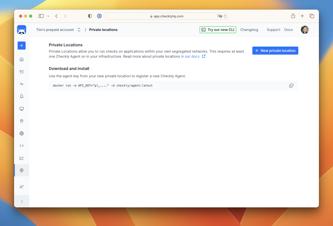 Private Locations dashboard showing active agents and configuration