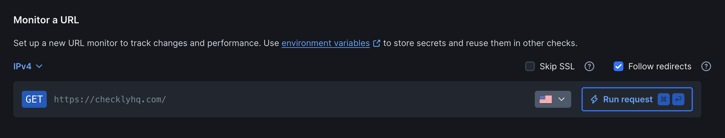 URL monitor setup interface showing HTTP method selection, URL input field, and options for Skip SSL and Follow redirects