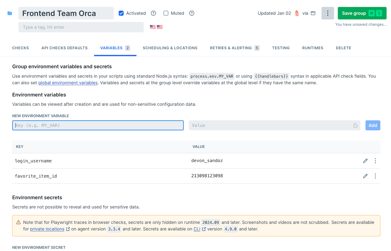 Setting variables that will be available to every check in this group the Checkly Web UI with settings for a group, displaying variables
