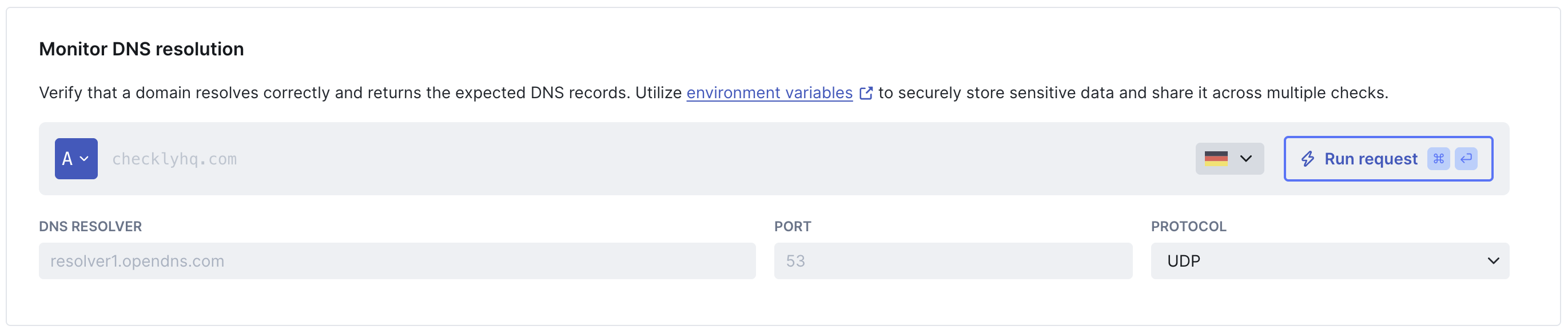 DNS monitor setup interface showing domain, record type, dns server and protocol