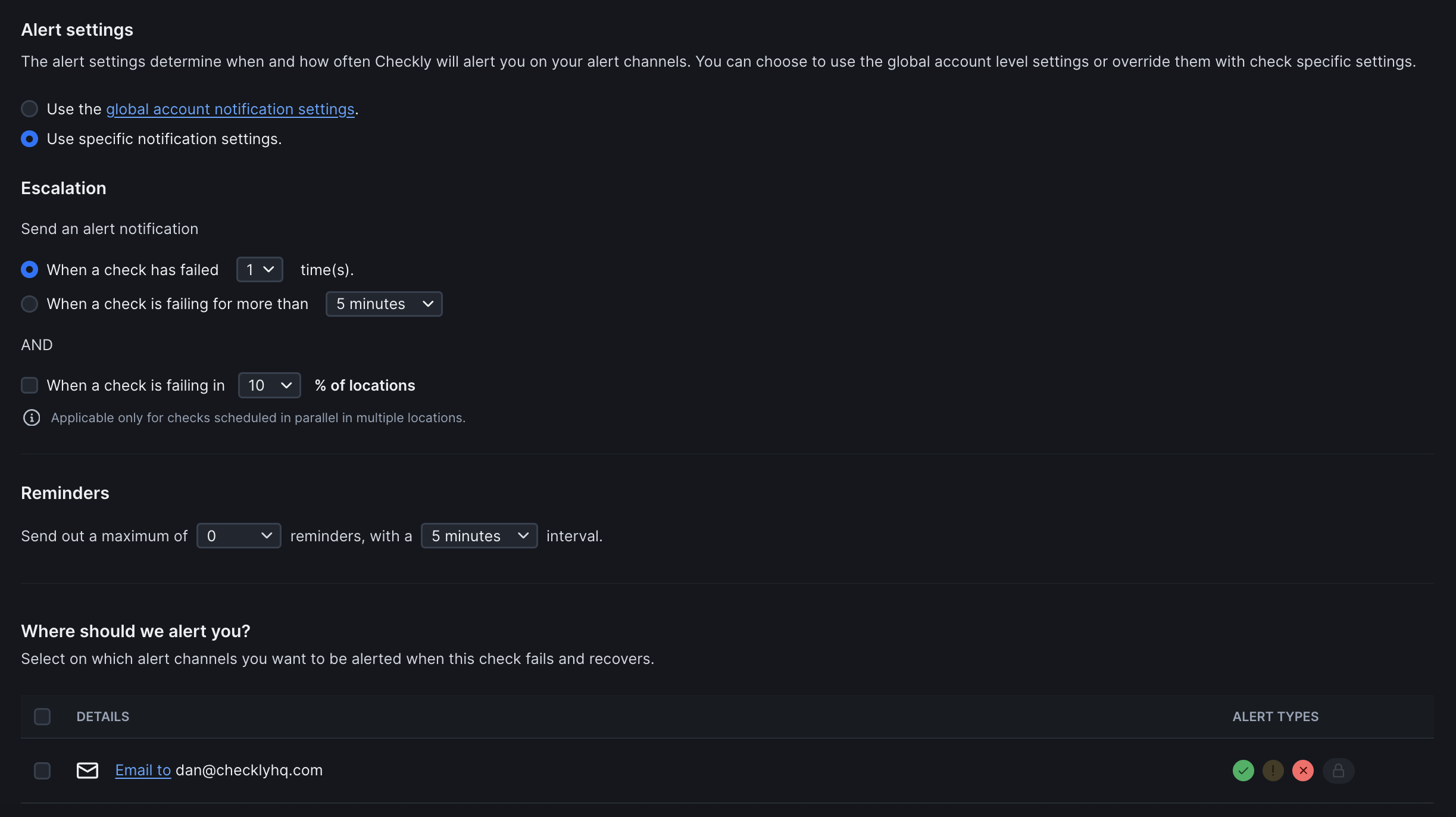 URL monitor alert settings interface showing notification configuration options