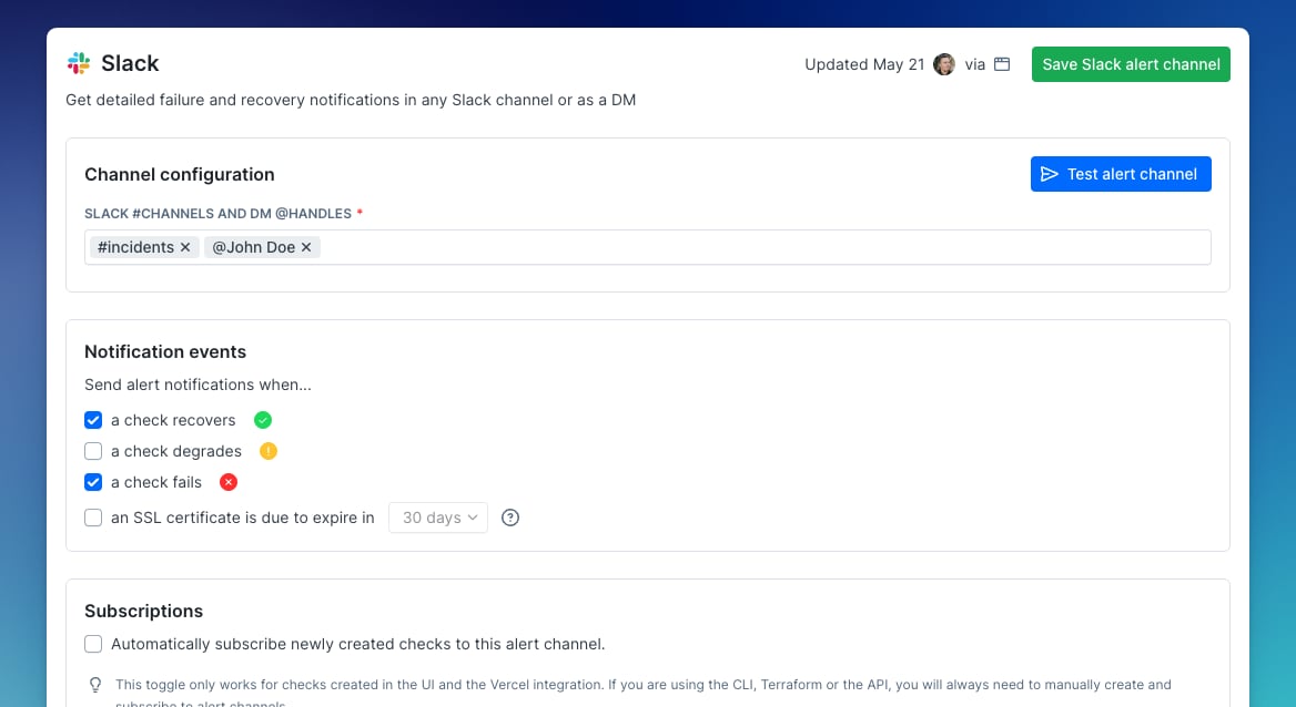 Add a Slack WebHook URL to Checkly