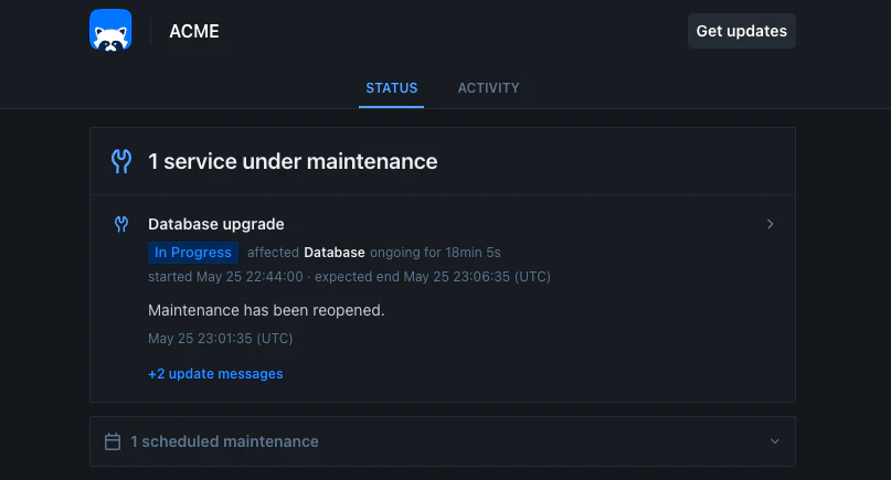 Maintenance on a public status page, showing the active banner and the upcoming maintenance section