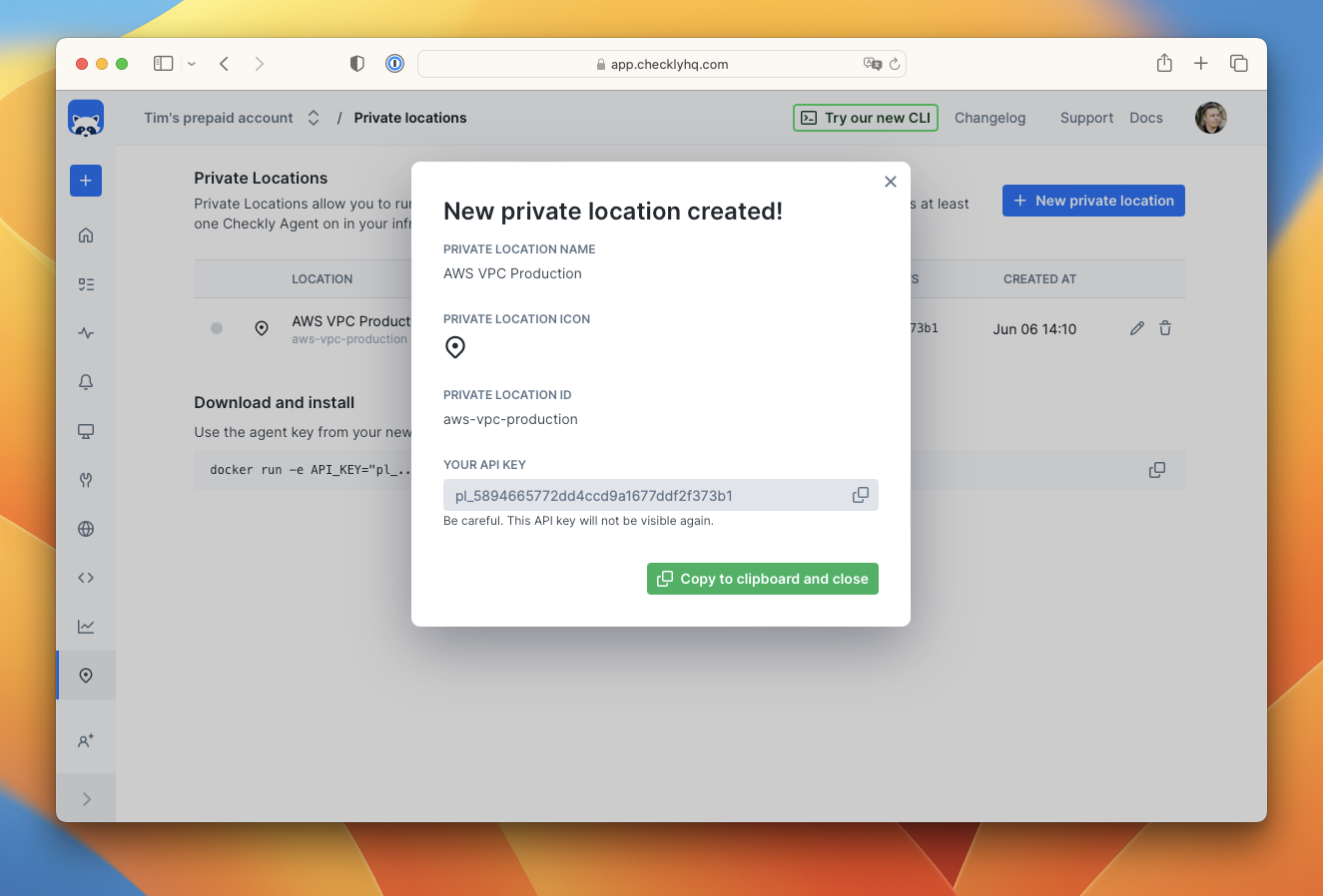 Copy and securely store your Private Location API key