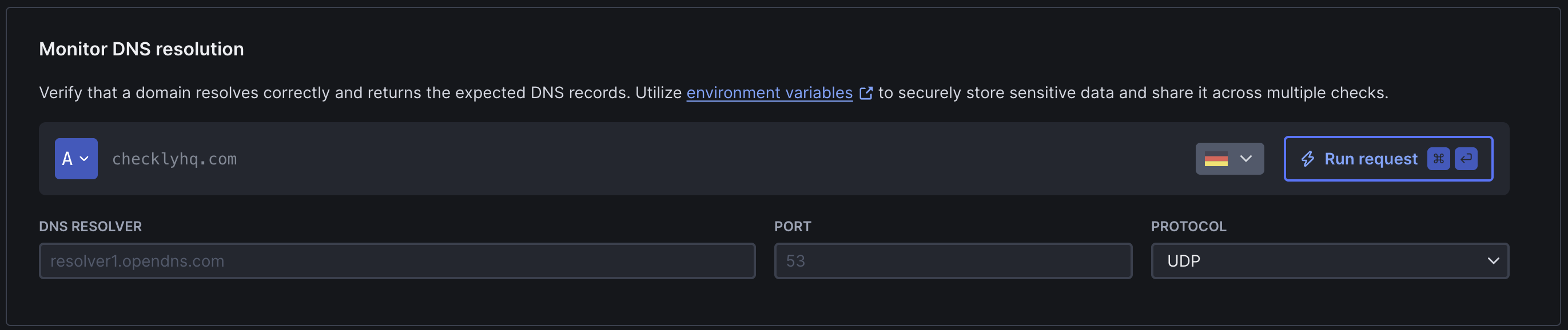 DNS monitor setup interface showing domain, record type, dns server and protocol