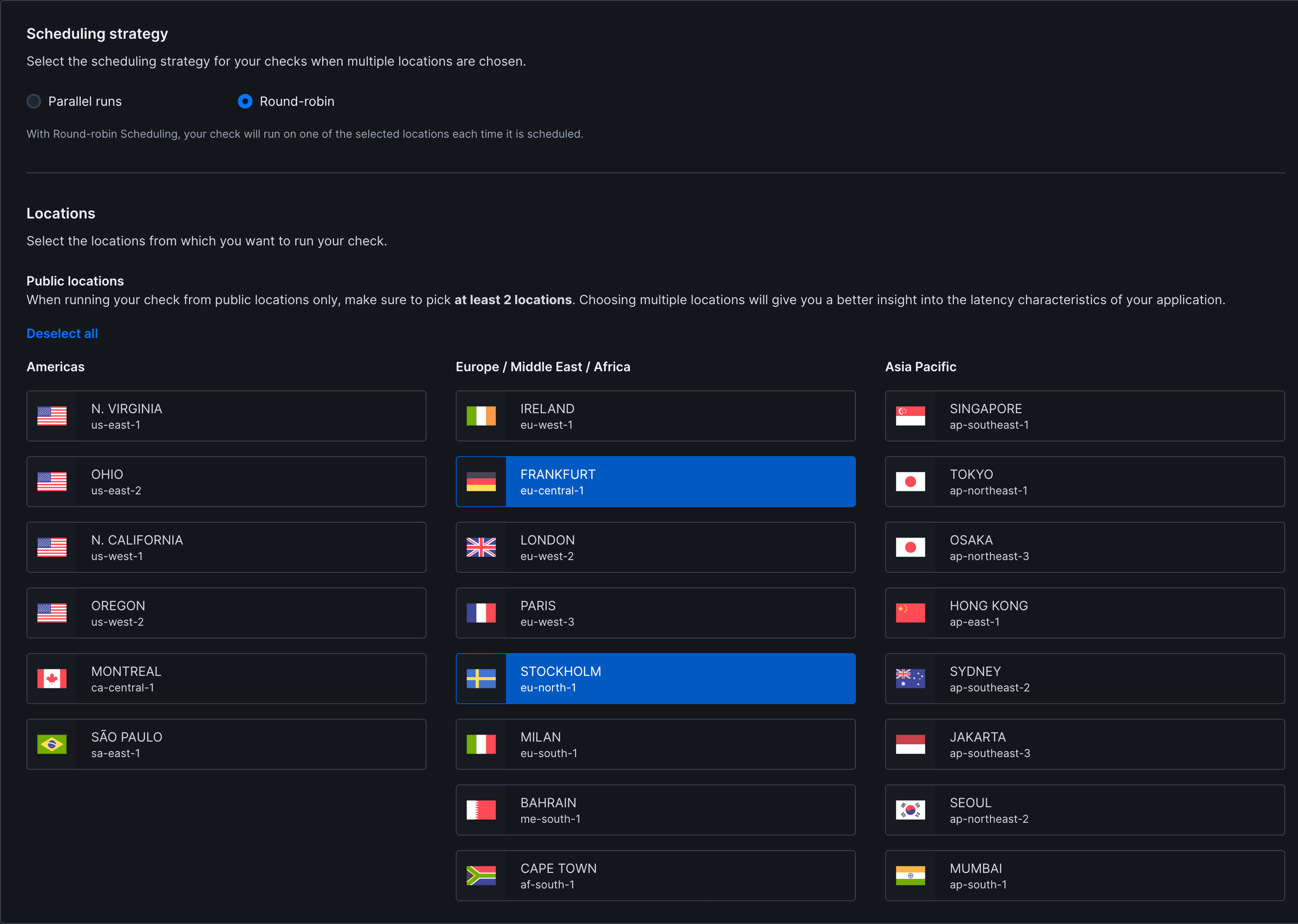 ICMP monitor scheduling strategy and location selection interface