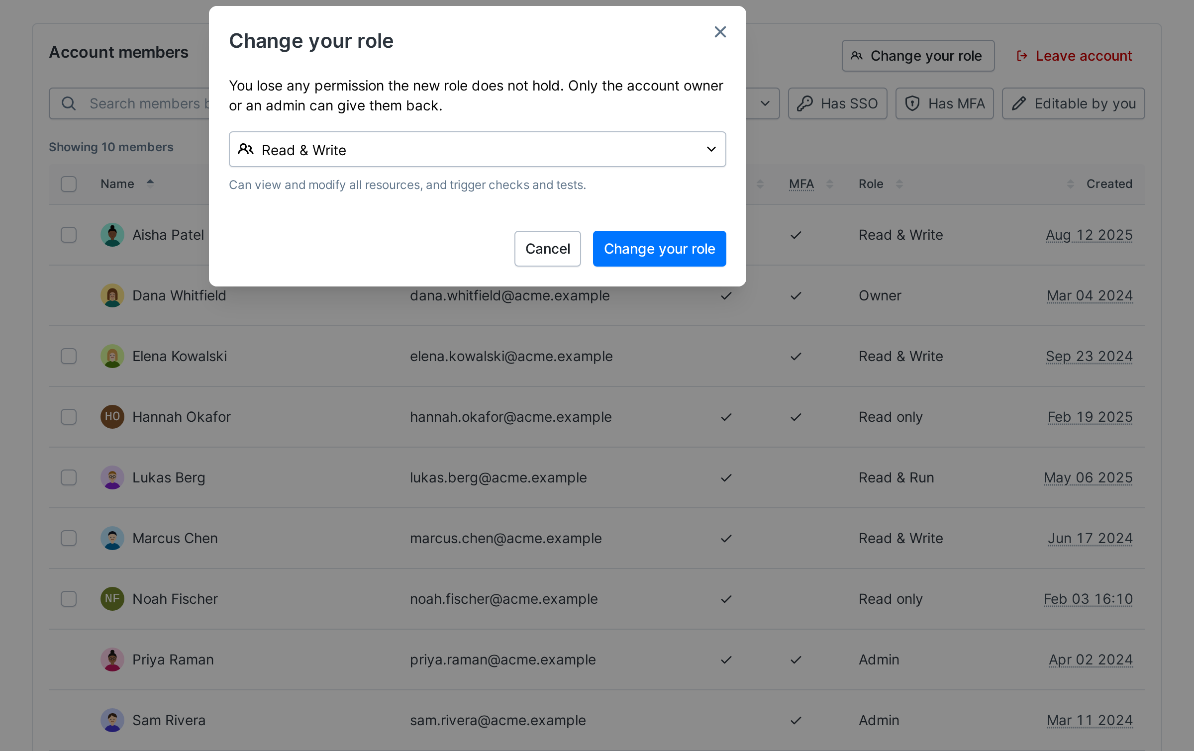 The Change your role dialog with your current role in the role picker and a note that only the account owner or an admin can give back the permissions you lose