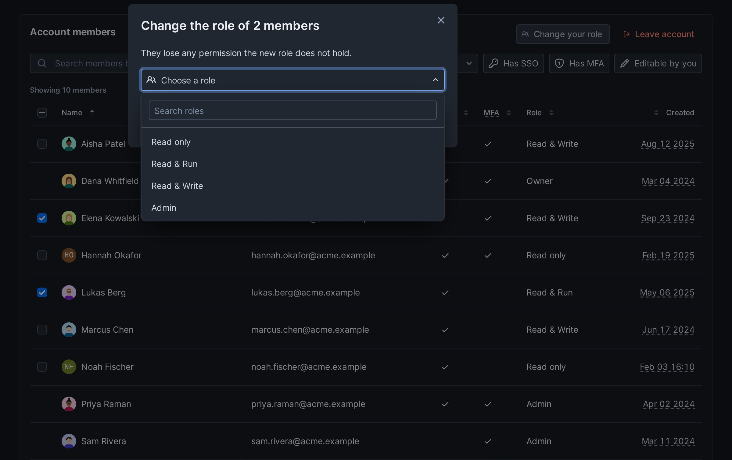 The Change role dialog with the role picker open, listing the roles below a search field