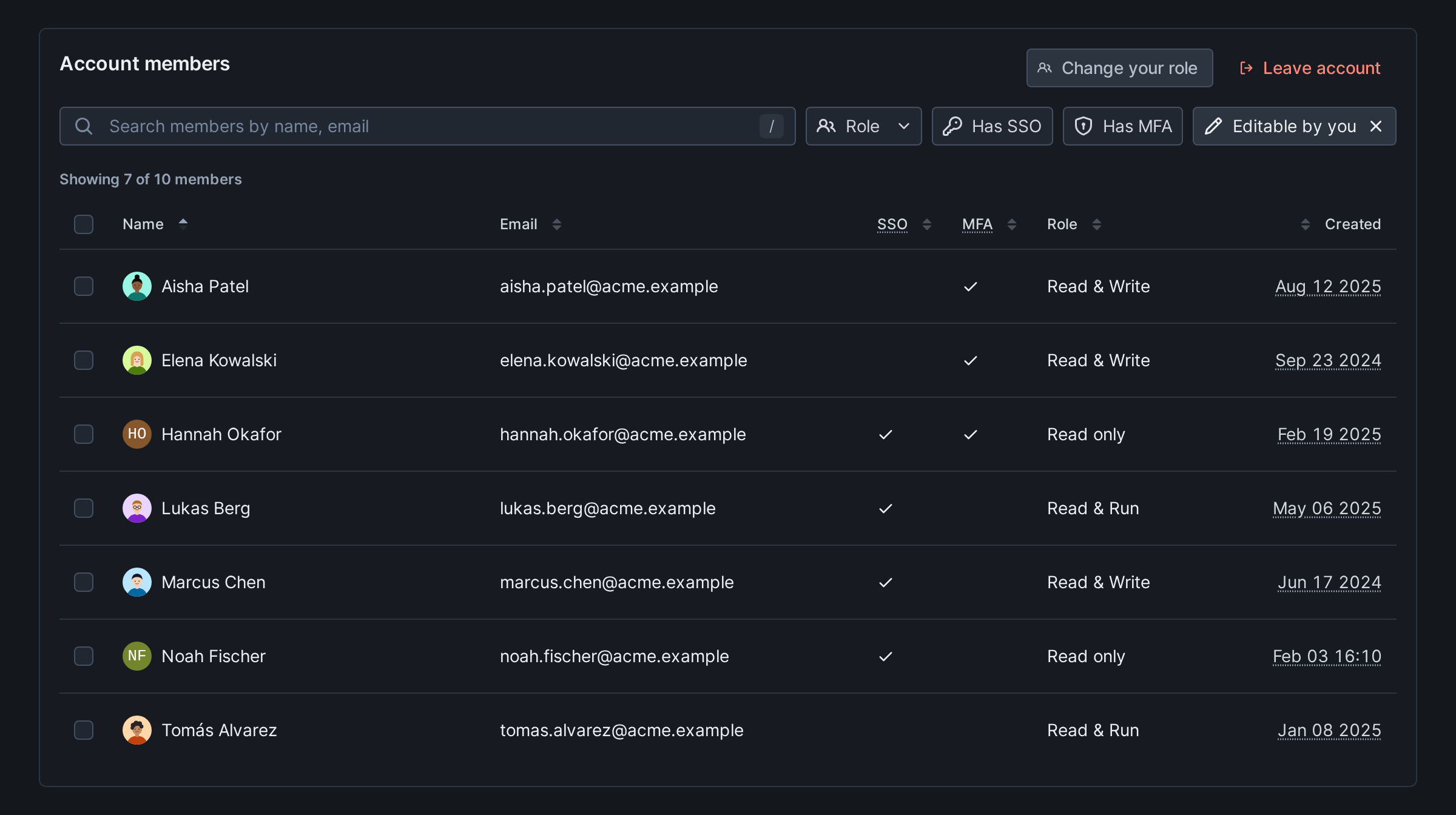 Account members table with the Editable by you filter on, listing only the members you can act on, each with a checkbox