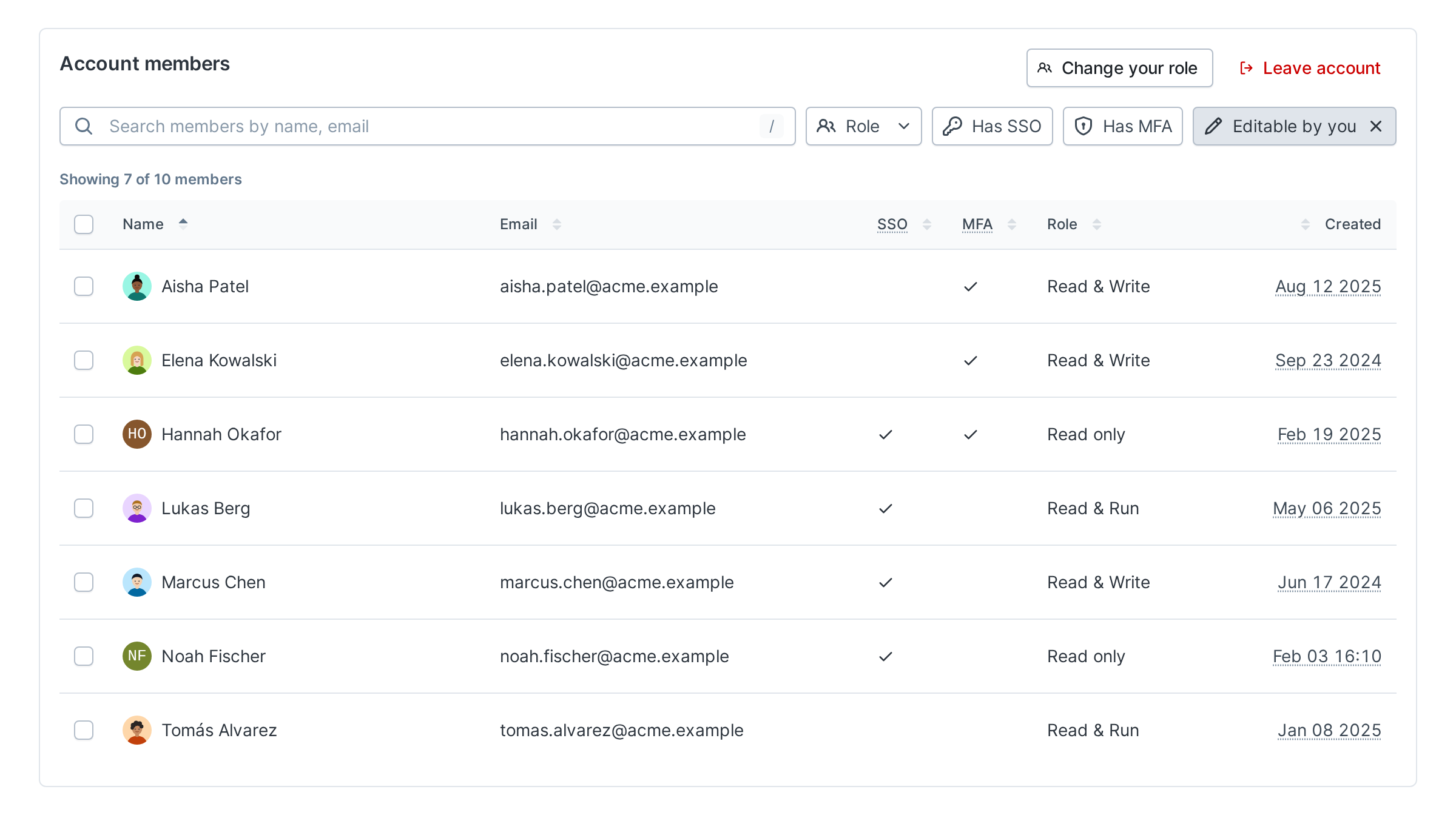 Account members table with the Editable by you filter on, listing only the members you can act on, each with a checkbox