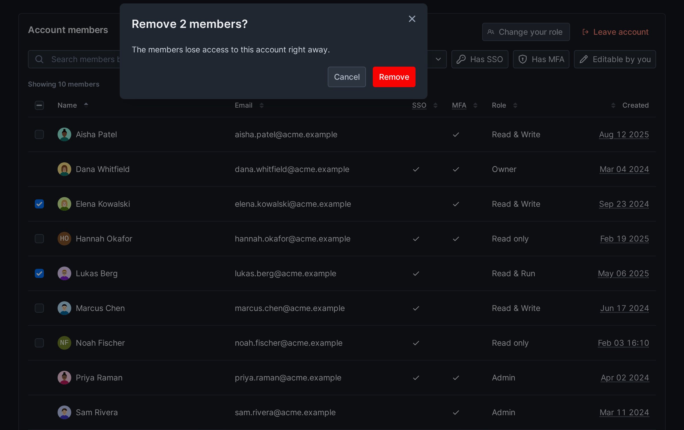 Confirmation dialog titled Remove 2 members?, saying the members lose access right away