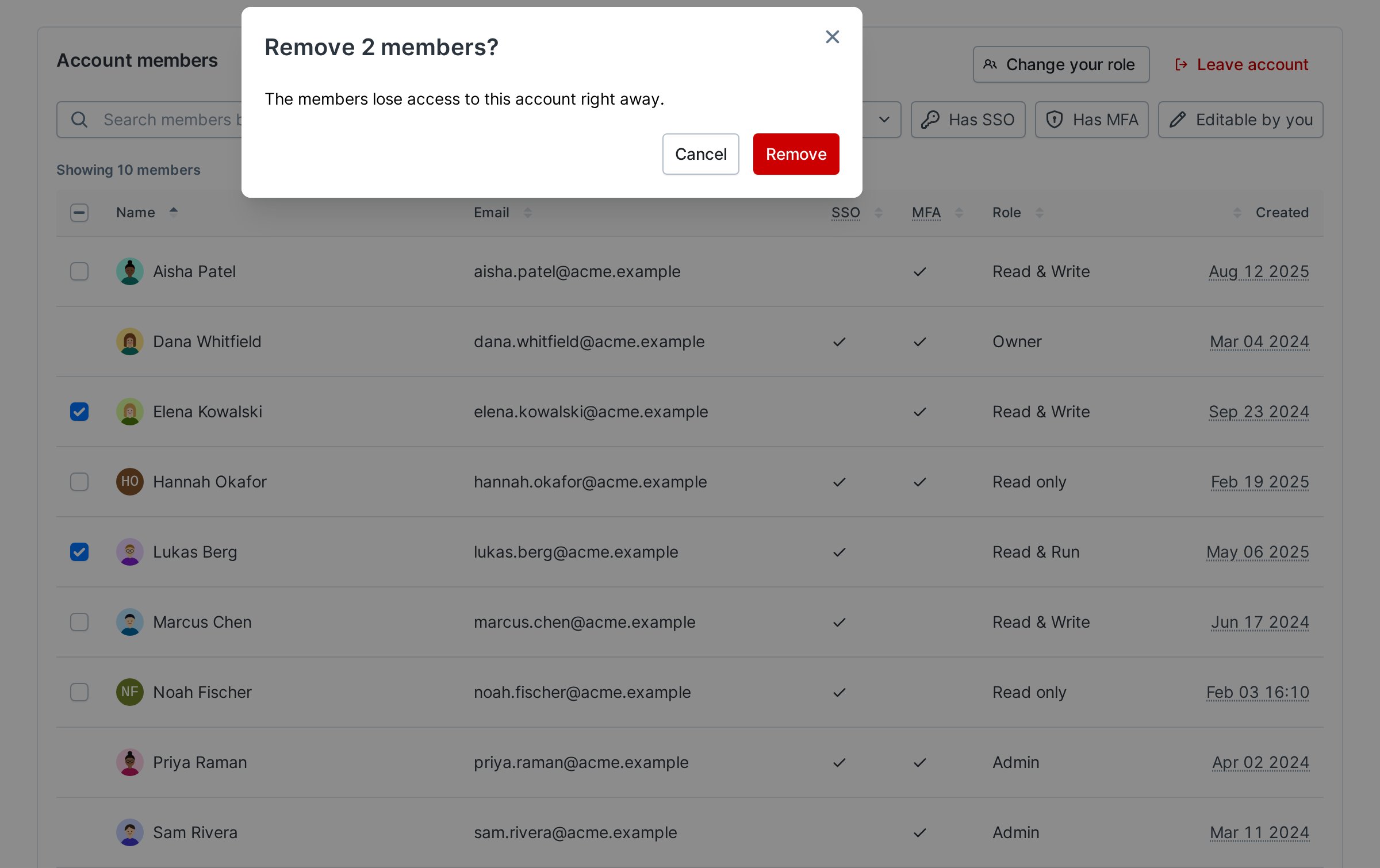 Confirmation dialog titled Remove 2 members?, saying the members lose access right away