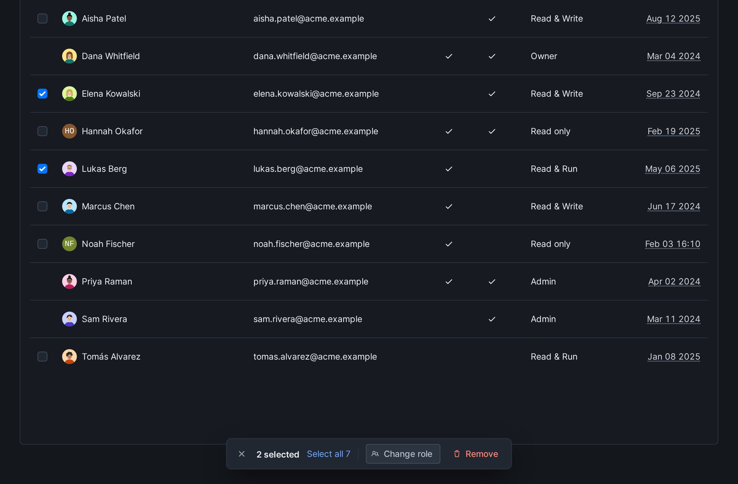 Account members table with two members checked and the selection bar at the bottom showing the count, Select all, Change role and Remove