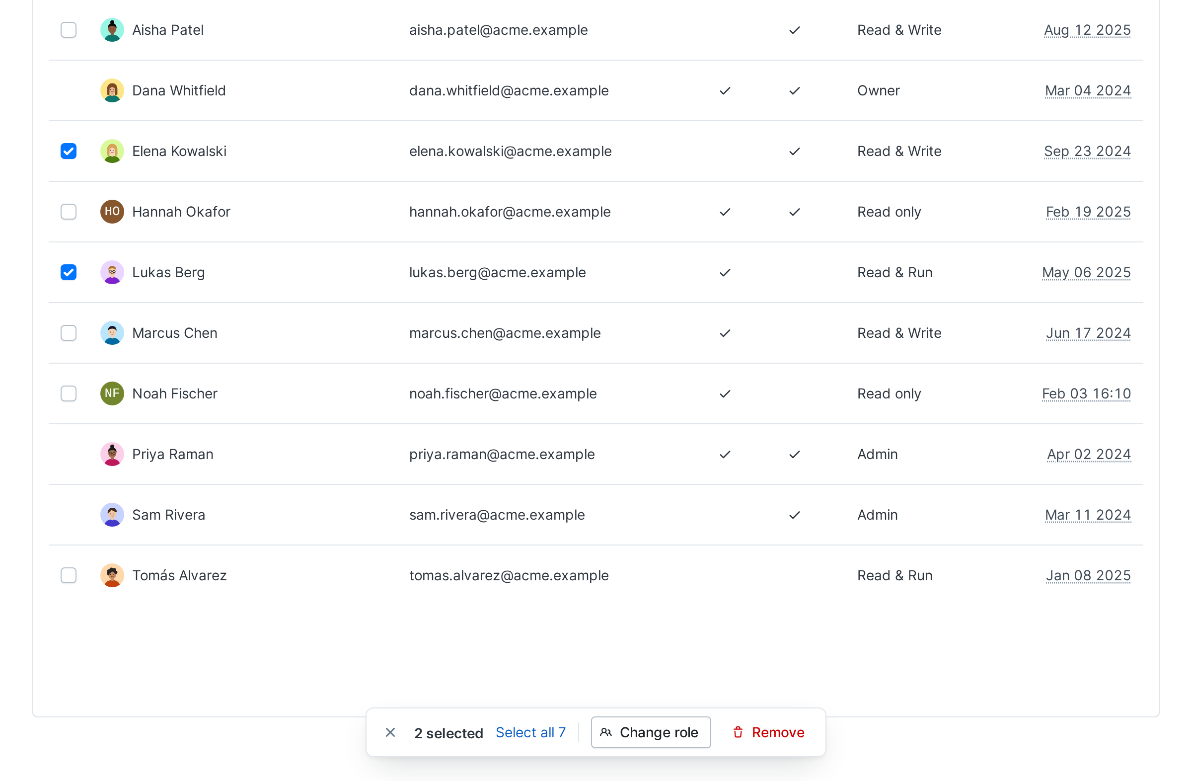 Account members table with two members checked and the selection bar at the bottom showing the count, Select all, Change role and Remove