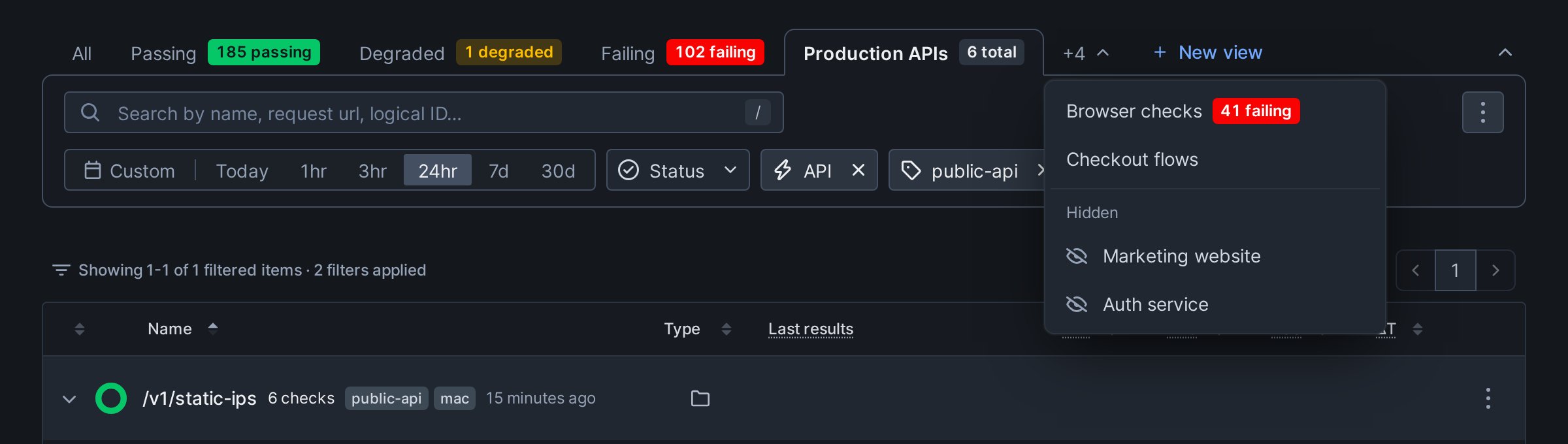 The menu at the end of the view tabs, listing views that don't fit and two views under Hidden