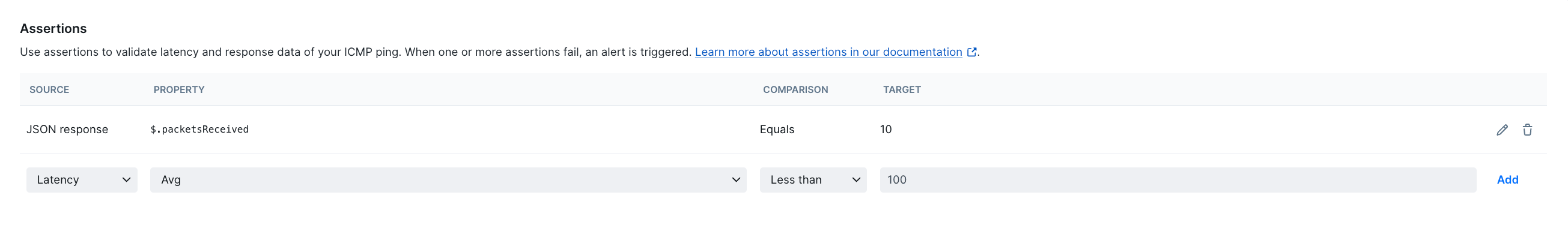 ICMP monitor assertion example for latency and JSON response