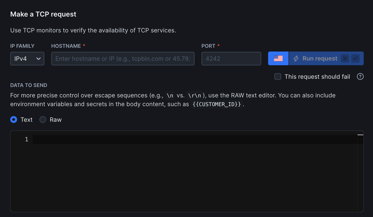 TCP monitor setup interface showing hostname, port, and protocol selection