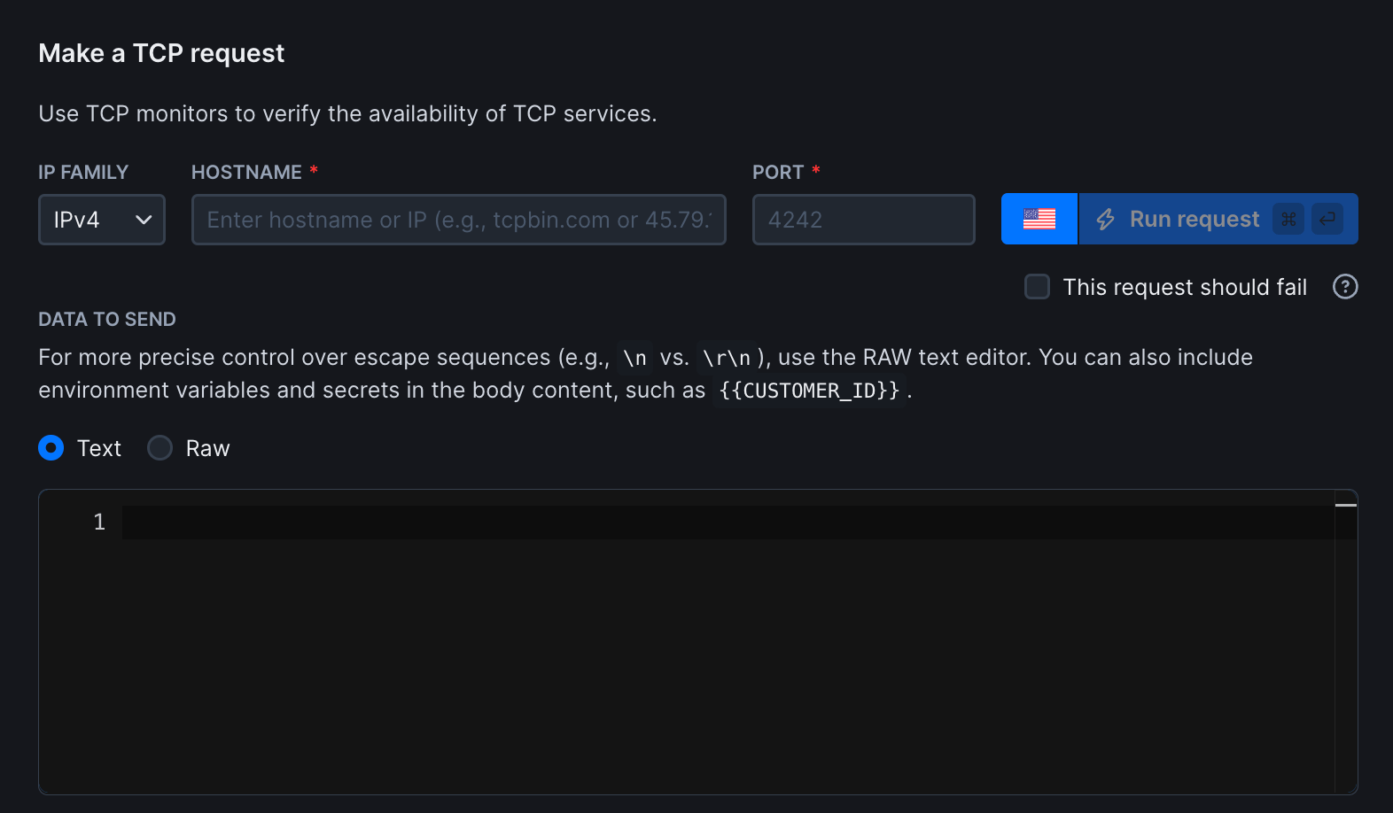 TCP monitor setup interface showing hostname, port, and protocol selection