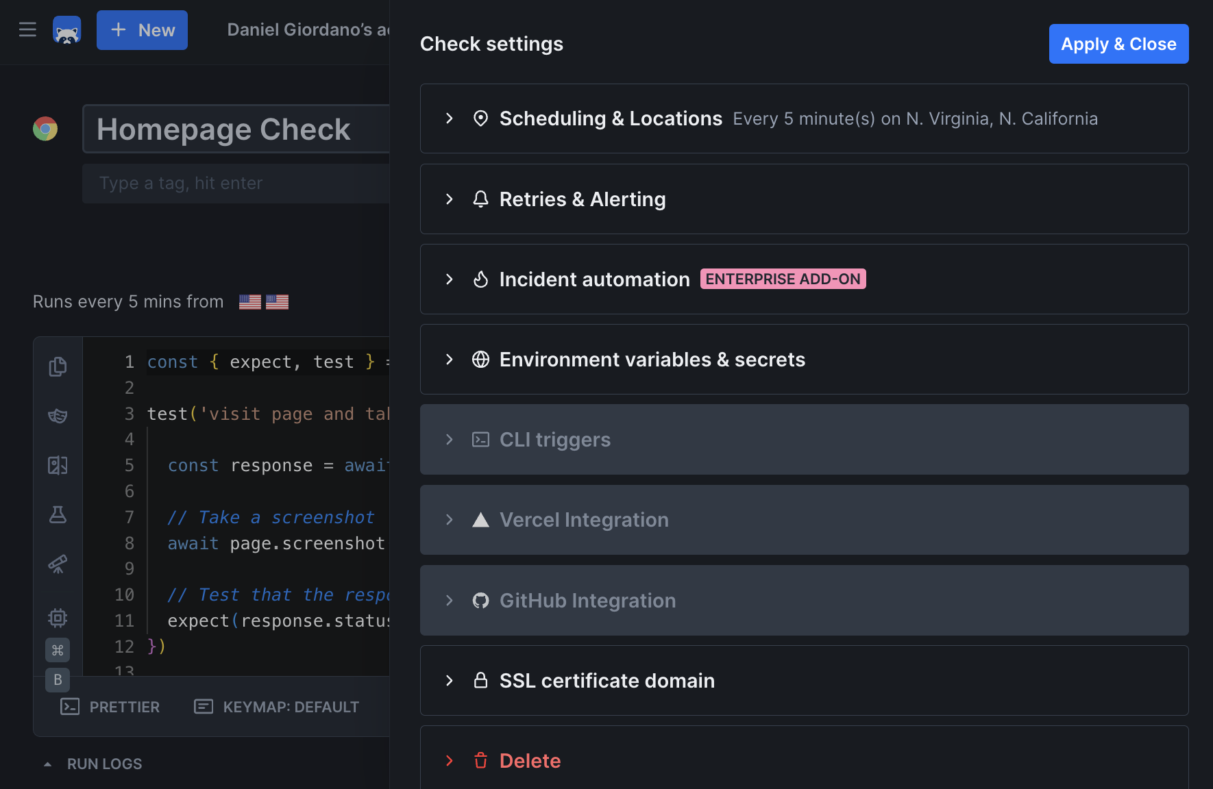 Browser check dashboard