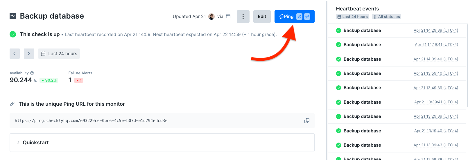 Send manual pings from the heartbeat monitor overview page