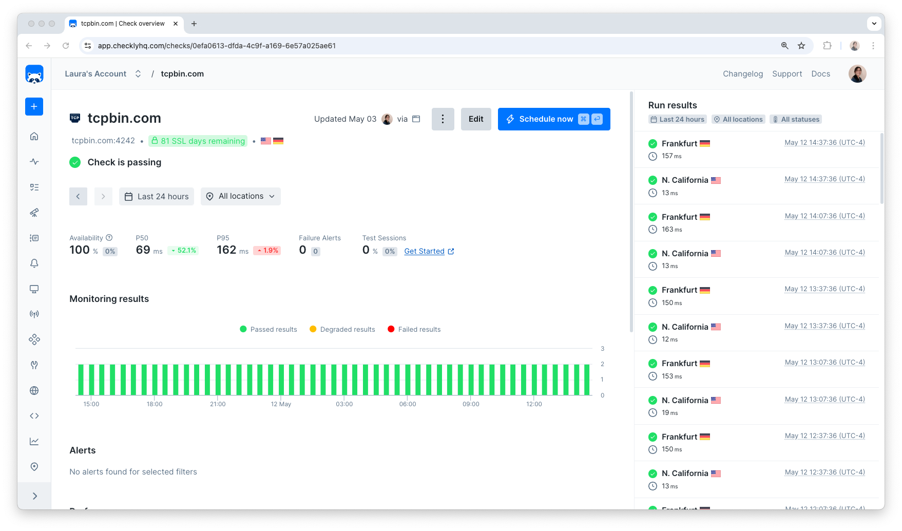 TCP monitor interface showing connection status