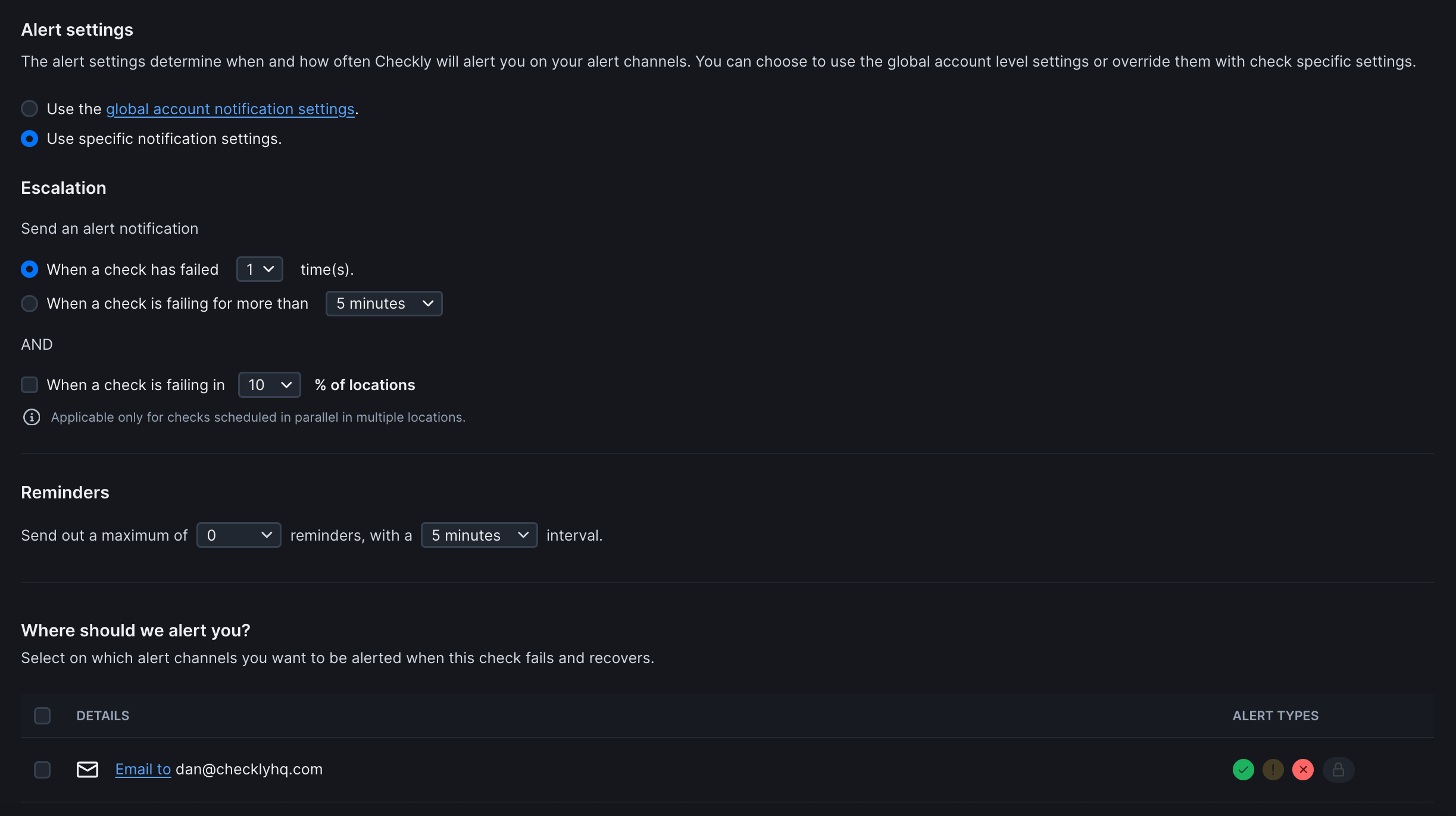 URL monitor alert settings interface showing notification configuration options