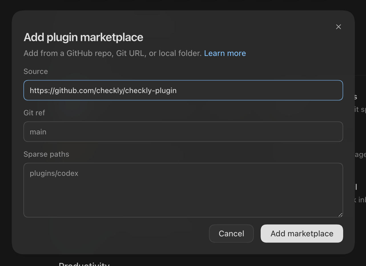 The 'Add plugin marketplace' dialog with the Checkly plugin repository URL entered as the source