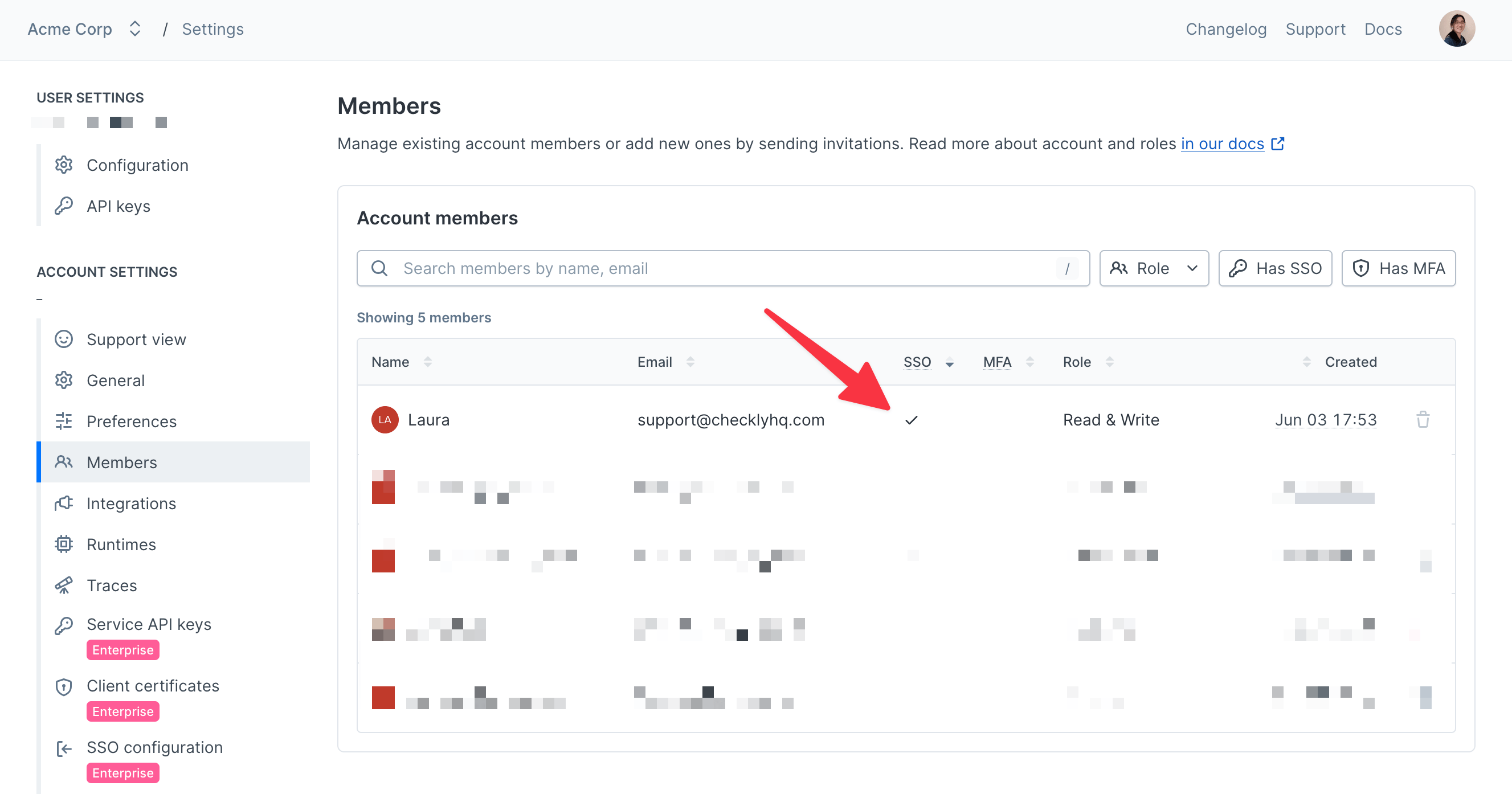 checkly members page SSO check mark screenshot