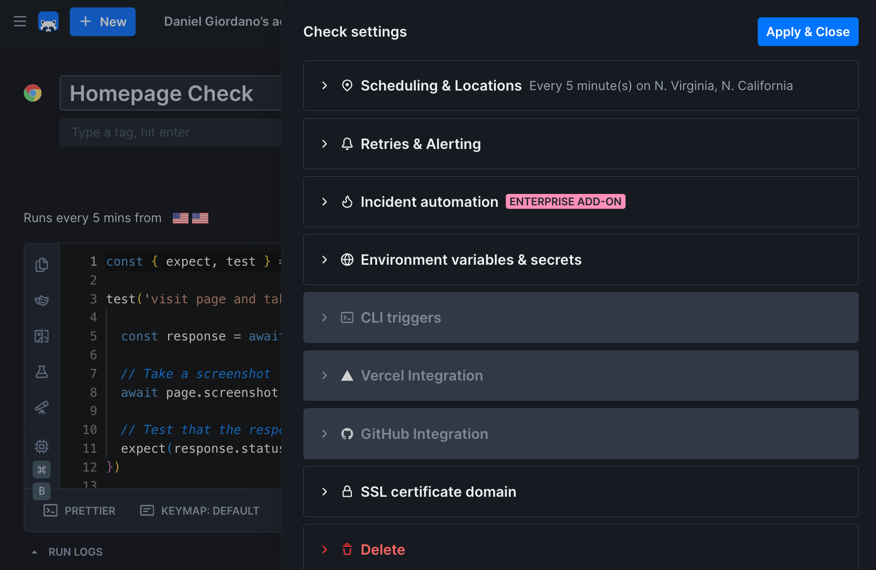 Browser check dashboard