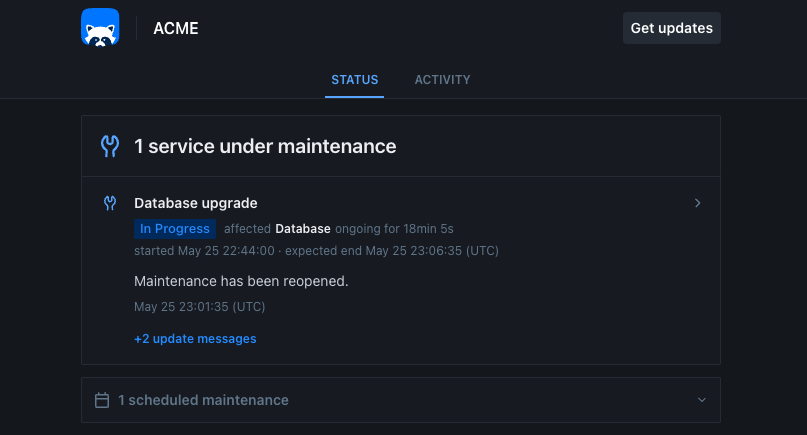 Maintenance on a public status page, showing the active banner and the upcoming maintenance section